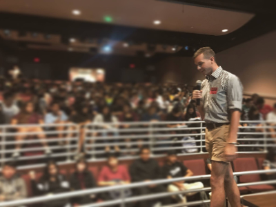 Dominic addresses a group of summer school students at IUSD.